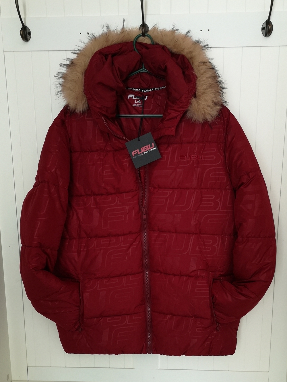 NWT Mens Large FUBU Puff Coat With Faux Fur Lined Hood All-over Subtle Logo Red